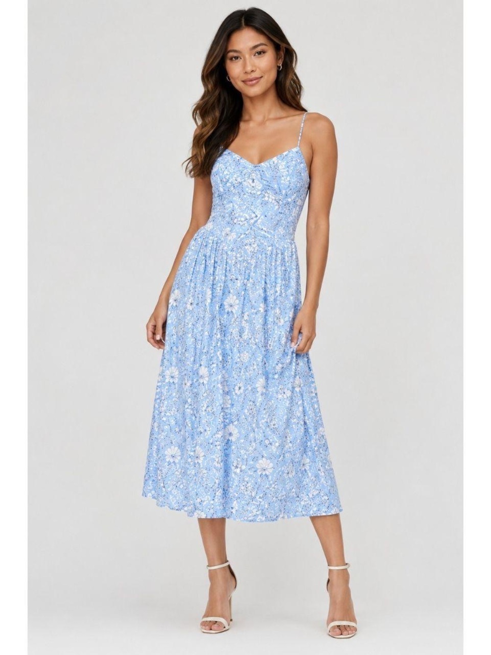 Light Blue Floral Spaghetti-Strap Midi Dress